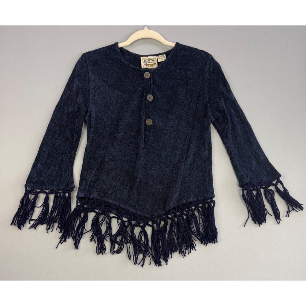 Vintage 90's Y2K Chenille Fringe Top Fairy Grunge Witchy Boho Indigo Blue Knit L